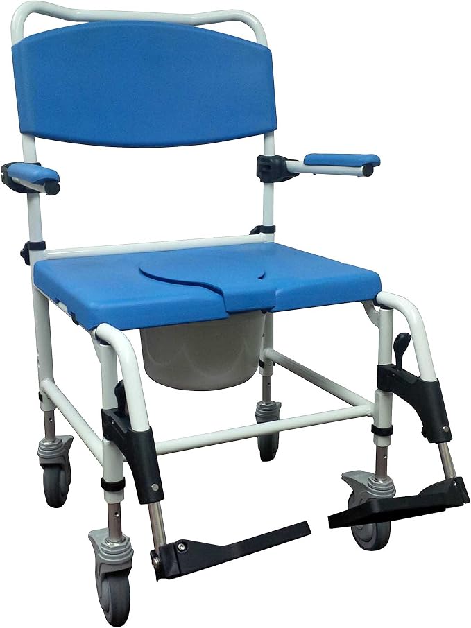 Drive Medical Bariatric Aluminum Rehab Shower Commode Chair, Blue | Aluminum Shower Commode Chair Features Two Rear-Locking Casters for Safe, Stable Bathing and Toileting Support