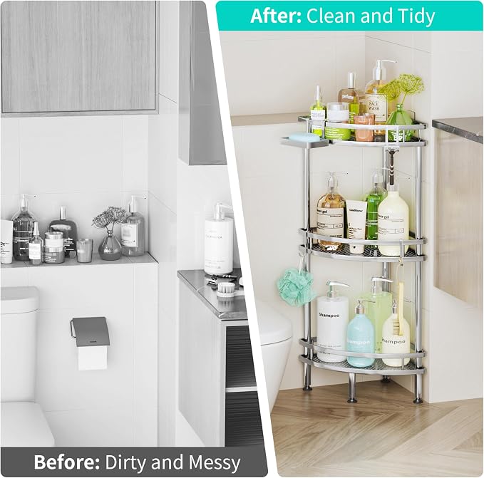 HapiRm Standing Corner Shower Caddy - 3 Tier Shower Organizer Corner with Soap Holder and 4 Hooks, Rustproof Bathroom Storage Shelves with Adhesives, Silver