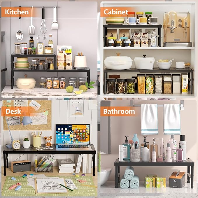 2 Pack Expandable adjustable stackable kitchen cabinet organizer,spice rack | Counter Shelf for Cabinets,Small Cupboard Organizers,Heavy Duty Metal Pantry Storage Shelves Racks for kitchen,bathroom