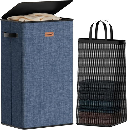 100L Laundry Hamper with Lid, Large Clothes Hampers with Removable Bag, Collapsible Laundry Basket for Bathroom, Bedroom, Laundry Room, Dorm, Navy Blue