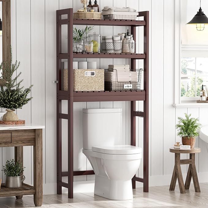 Over The Toilet Storage, Bamboo 3-Tier Over-The-Toilet Space Saver Organizer Rack, Stable Freestanding Above Toilet Stand with 3 Hooks for Bathroom, Restroom, Laundry, Espresso