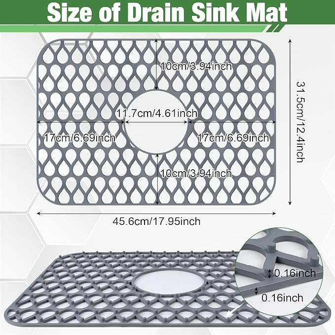 Sink Protectors Mat - 17.95"x12.4" Kitchen Sink Pad for Bottom of Basin for Protection of Stainless Steel and Tableware, Farmhouse Rubber Basin Mat Protector with Center Drain - Light Gray