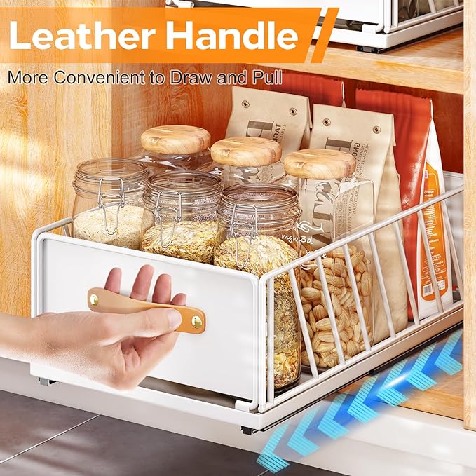 Pull out Cabinet Organizer,Heavy Duty Slide out Pantry Shelves Drawer Storage with Adhesive Nano Film,Sliding Mesh Cabinet Basket with Handle for Kitchen, Bathroom, Home, 9.8"W X 15.7"D X 6.2"H,White