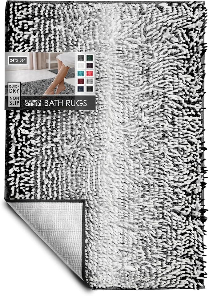Hearth & Harbor Bathroom Rugs, Chenille Bath Mat - Machine Washable Bath Mats for Bathroom Non-Slip Backing Rubber, Quick Dry Bathroom Mat, 24 x 36 - Ombre Black