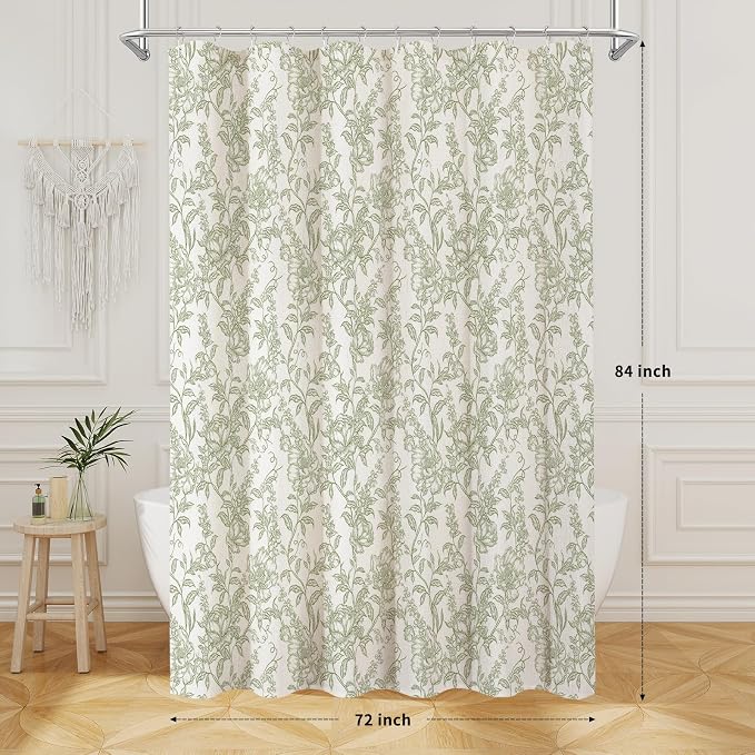 Sage Boho Linen Shower Curtain, Farmhouse Floral for Bathroom | Botanical floral print. Rustic farmhouse boho decor. Durable linen blend fabric. Machine washable for easy care. 72x84