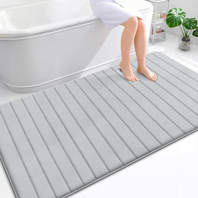 OLANLY Memory Foam Large Bath Mat 70x46, Super Soft Absorbent Bathroom Rugs | Light Gray, Quick Dry Bath Rug, Machine Washable Shower Floor Mats, Bathmat Carpet for Bathroom Floor, Tub and Shower