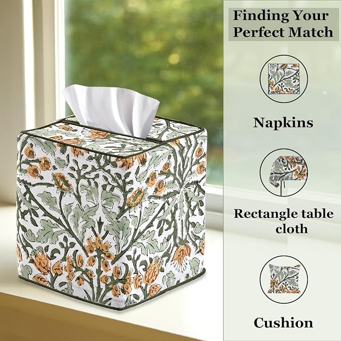 Goldenrod Yellow Block Print Tissue Box Cover – Handmade Cotton Fabric Tissue Holder for Home Bedroom Living Room Bathroom Vanity Car Nightstand Office Kitchen – Decorative Square Napkin Holder