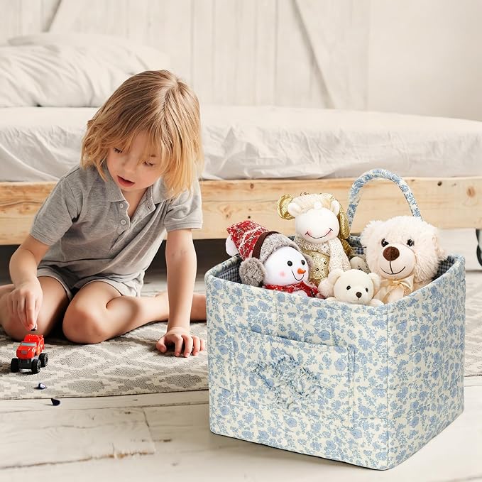 Storage Basket Boho Fabric Large Collapsible Floral Laundry Nursery Hamper Portable Folding Storage for Clothes Toys (Blue Floral B)