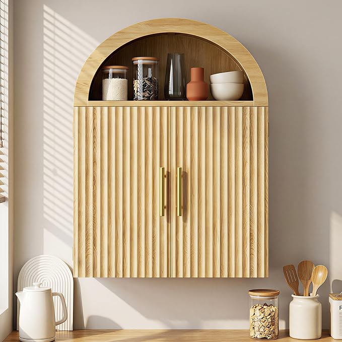 Kalrin Arched Wall Cabinet, Large Wood Bathroom Cabinet Wall Mounted Cupboard, Modern Floating Storage Cabinet with Door Adjustable Shelf, Wood Organizer Light Oak