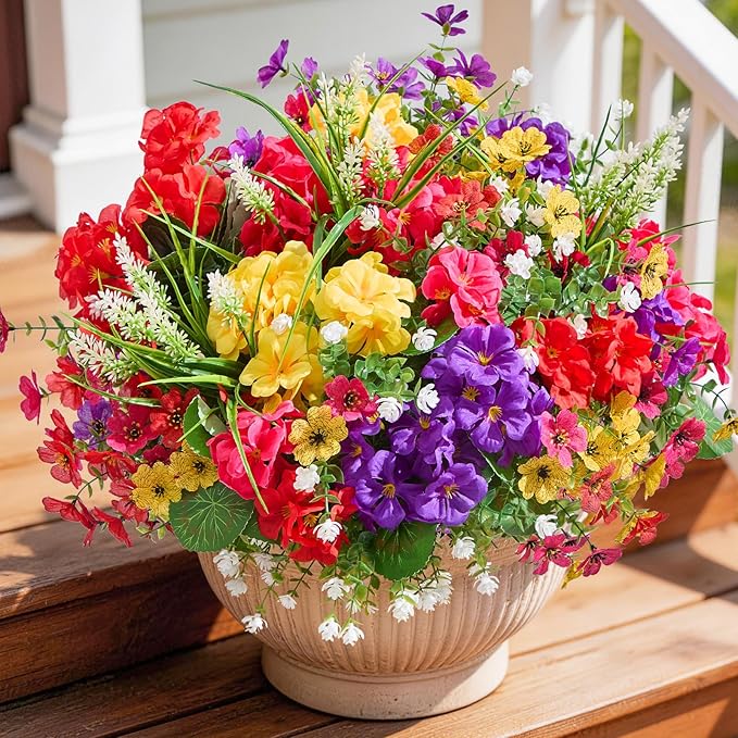 16 Bundles UV Resistant Silk Artificial Outdoor Flowers for Window Box | Mixed Color Realistic Anti-Fade Faux Flowers for Outside Planters,Garden,Porch,Patio,Yard,Home Decor(Purple&Hot Pink)