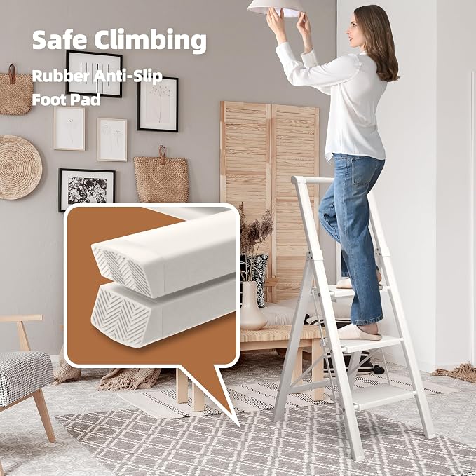 HillhutApex Aluminum 3 Step Ladder, Step Stool Foldable Ladder(White) | Anti-Slip Pedals,330lbs Capacity,Lightweight Folding Ladders for Home,Office,Libaray