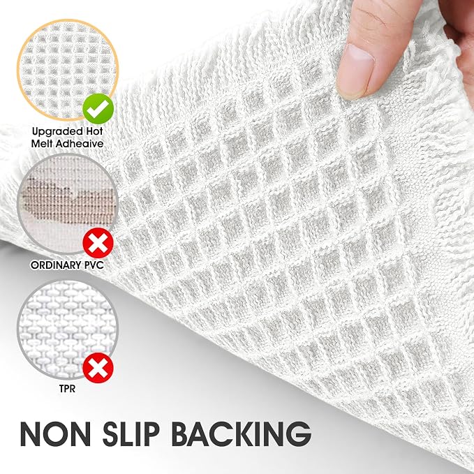 Waffle Bath Mat Set 2 Piece White,Woven Modern Bath Rug Mats, Absorbent Non Slip Bath Floor Mat, Soft Washable Boho Bath Rugs with Tassels for Bathroom, Bedroom, Kitchen,Tub