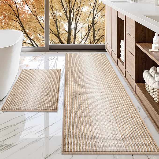 Bathroom Rugs and Mats Sets, 2 Piece Thick Absorbent Chenille Bath Mat Rug Set Non Slip, Soft Shaggy Bath Room Floor Mats for Bathroom, Machine Washable (Beige, 24" x 70" Plus 20" x 32")