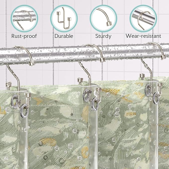Bathway 12-Pack Double Shower Curtain Hooks, Rust-Resistant Metal Shower Curtain Rings with High-Low Design to Separate Liner & Curtain, Smooth Glide, Nickel