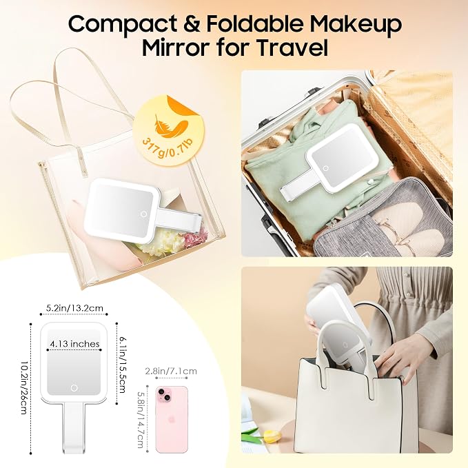 Travel Makeup Mirror with Lights, Double-Sided 1X/30X Magnifying Mirror, 3 Color Lighting & Brightness Adjustable, Portable &Foldable Handheld Mirror with Lights(White)