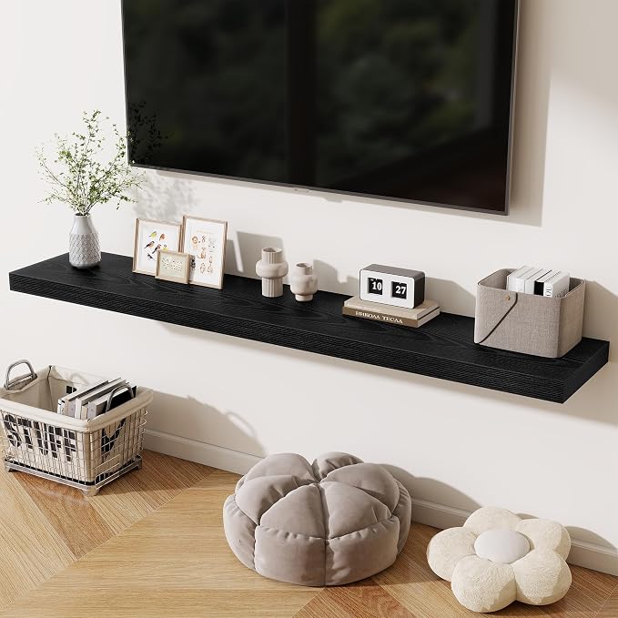 Fun Memories 72 Inch Fireplace Mantel Shelf, 12 Inch Deep Shelves for Display & Wall Storage, Rustic Wood Wall Shelf, Extra Long Floating Shelves for Living Room Laundry Room, Black, Set of 2