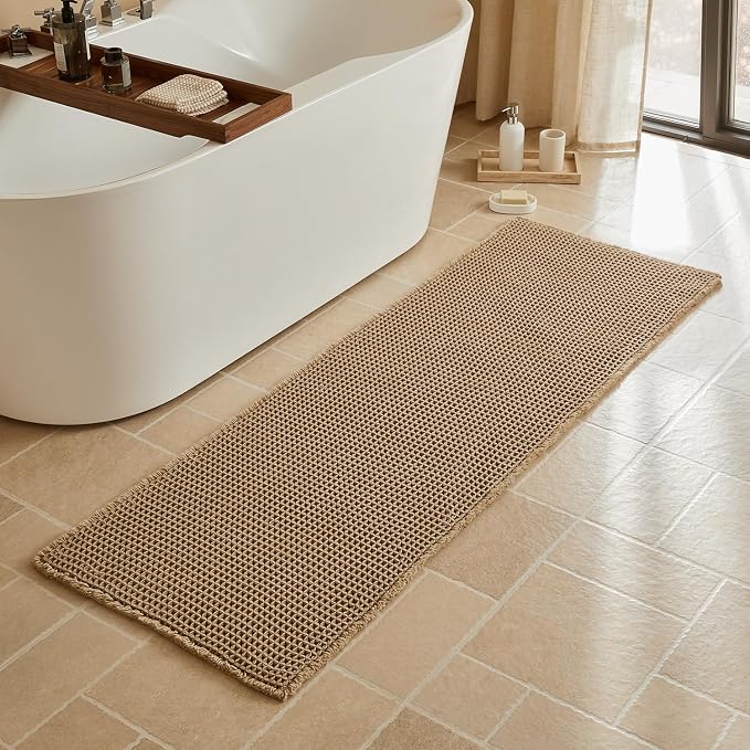 Triohero Waffle Runner Bath Mat - Long Bathroom Rugs Non Slip Washable, Ultra Soft Super Absorbent Quick Dry Boho Farmhouse Bathroom Decor, 24" x 72", Khaki