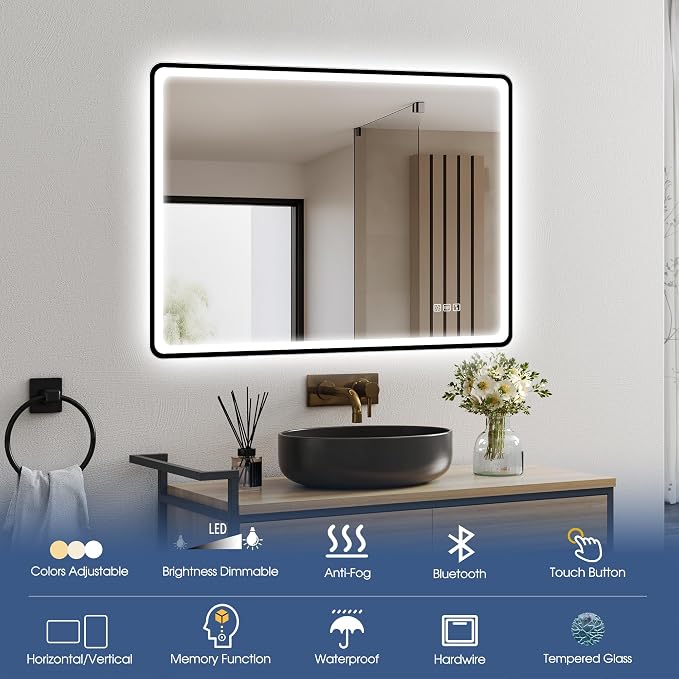 STARLEAD 40"x28" Black Frameless LED Bathroom Mirror with Bluetooth Speaker, 3 Color Temperature, Stepless Dimming, Anti-Fog, Touch Control, Wall-Mounted Vanity Mirror, Vertical or Horizontal