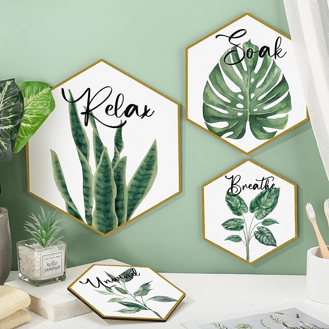 Hoteam Set of 4 Green Eucalyptus Bathroom Decor Botanical Wall Art Green and Gold Bathroom Decor Wall Art Relax Soak Unwind Breathe Paintings