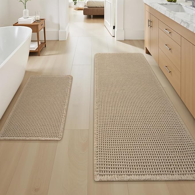 Upgraded Waffle Bath Mat Set of 2, Super Absorbent Non Slip Bath Mats for Bathroom Floor, Washable Boho Bathroom Rugs Set 2 Pieces with Tassels, Soft Bathroom Mat Set, Brown, 18" x 30" Plus 24" x 48"