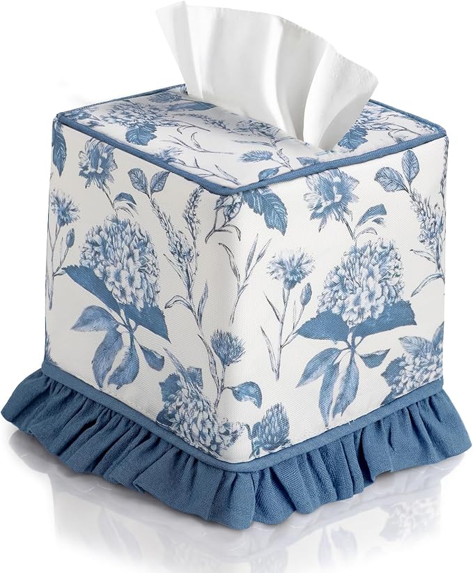 Blue Fabric Ruffle Tissue Box Cover Floral Print Cotton Tissue Box Decorative Square Napkin Holder Vintage Cottagecore Home Decor for Bathroom Bedroom Vanity Countertop Home Office Kitchen