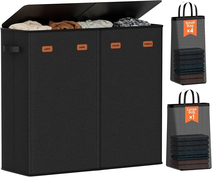 185L Laundry Hamper 4 Section with Lid | 4 Removable Bags + 1 Extra Large Bag, Switchable 3/4 Compartment, Laundry Basket Organizer for Bedroom, Laundry Room