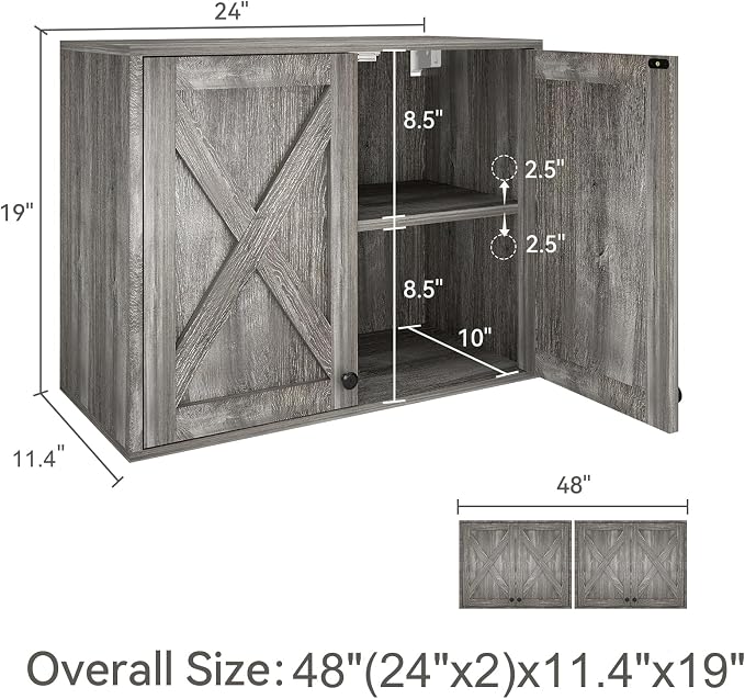 YOURLITE Laundry Cabinet, Medicine Cabinet, Bathroom Kitchen Storage Wall Mounted Farmhouse Organizer with Shelves Over Toilet, One Set of 2 Pieces X 24", Grey