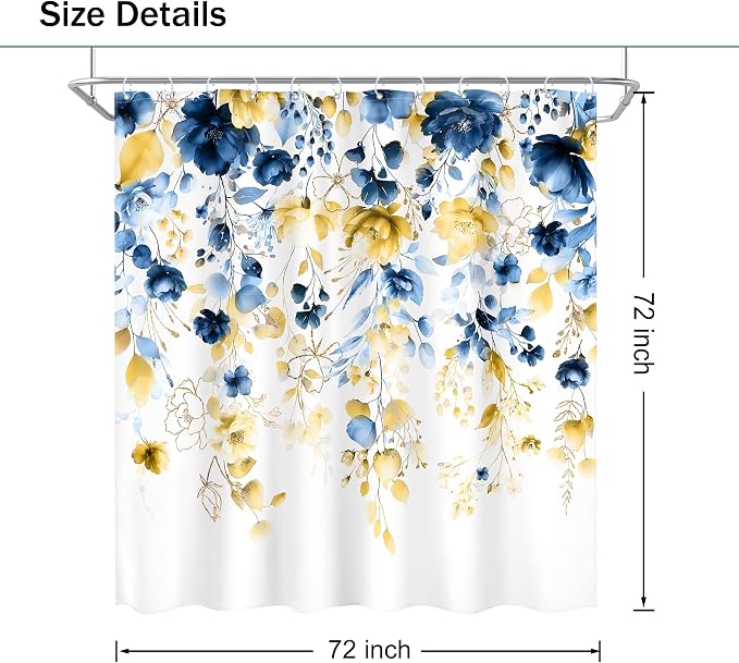 Blue Yellow Floral Watercolor Eucalyptus Leaf Bathroom Shower Curtain Set | 72"W x 72"L Flower Plant look, waterproof HD printed shower curtain, quick-dry fabric and free hooks.