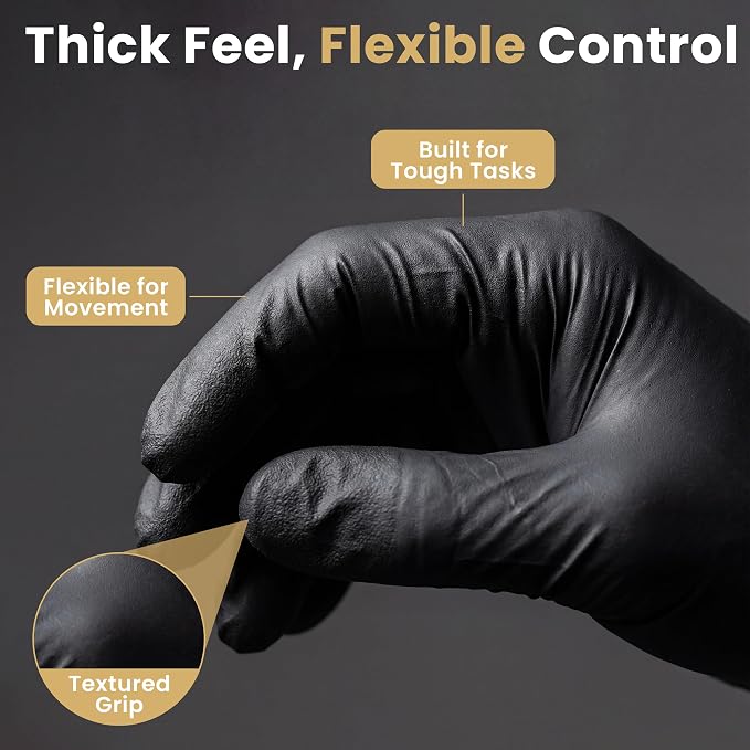 FifthPulse 6 Mil Black Nitrile Gloves, Heavy Duty Mechanic and Food Grade Glove - Powder-Free, Latex-Free Medical Exam Gloves
