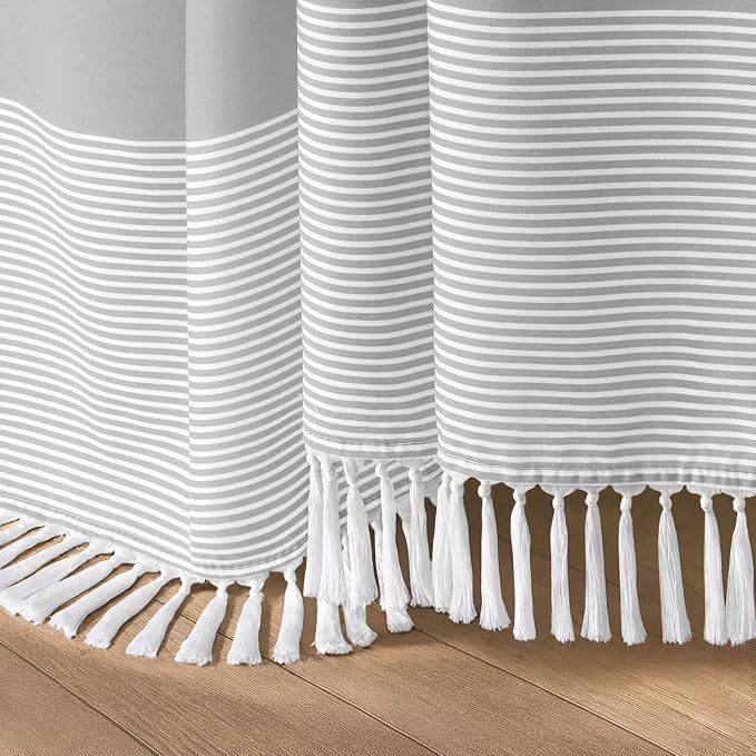 Grey Farmhouse Cotton Striped Shower Curtain with Tassel 72"W X 72"L | Boho Farmhouse Shower Curtains for Bathroom with Soft Cotton Feel