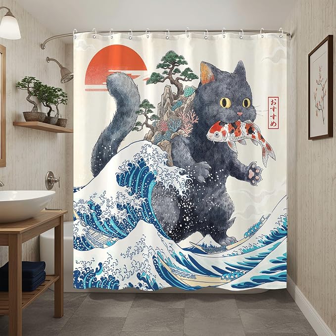 Accnicc Funny Black Cat Shower Curtain for Bathroom 72 X 72 Inch | Fun Cool Cat Shower Curtains, Japanese Ocean Wave Kids Bath Curtain Decor, Water-Resistant Washable Polyester Fabric