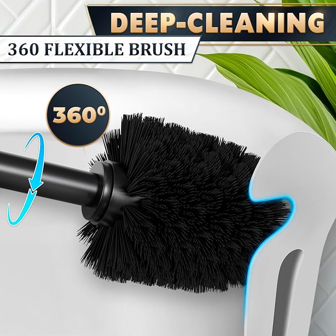 Black Toilet Brush and Holder Set for Modern Bathrooms (Square) | Toilet Bowl Brush and Holder, Removable Inner Bowl, Dense Bristles, Long Handle, Scratch Resistant, Detachable Long Handle