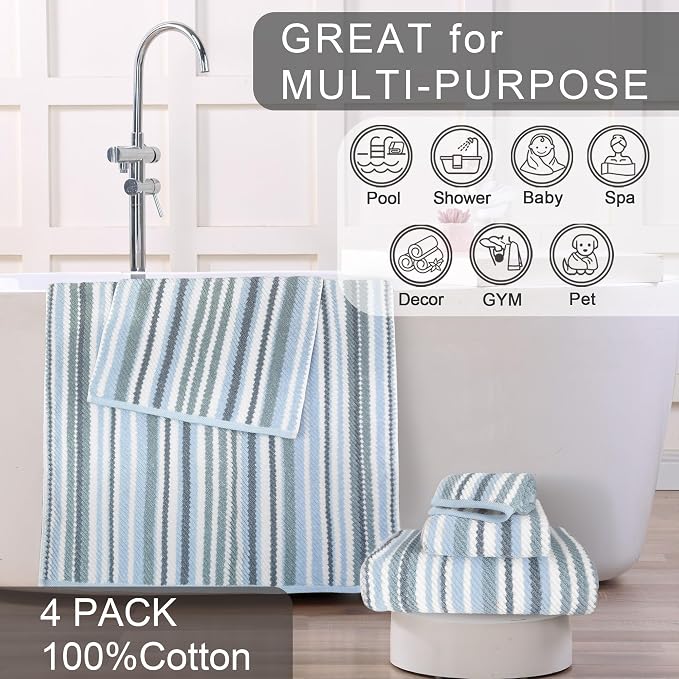 VOOVA & MOVAS Blue Striped Towels 3 Pack, 100% Cotton | Designed for Luxury Bathroom Use, 13x13, 16x27, 28x52 In, Quick Dry, Soft, Absorbent, Bath Towels with Hanging Loops