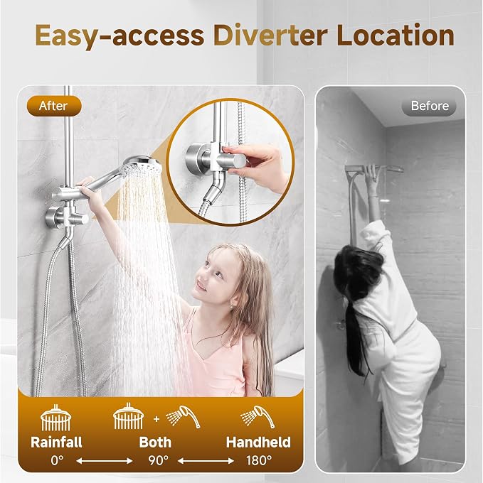 BRIGHT SHOWERS Rain Shower Heads System Including Rainfall Shower Head and Handheld Shower Head with Height Adjustable Holder, Solid Brass Rail, 60 Inch Long Stainless Steel Shower Hose, Chrome