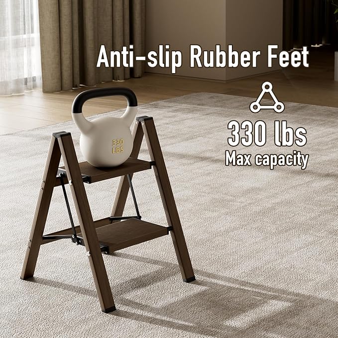Mayi Plus 2 Step Stool Foldable, Aluminum, Lightweight Step Ladder | Extra-wide anti-slip folding steps with 330 lbs, for home,kitchen,office,outdoor,Walnut