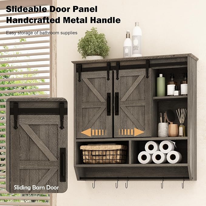 RUSTOWN Farmhouse Bathroom Wall Storage Cabinet with Sliding Barn Doors | 3-Tier, Rustic Wood Wall Mounted Cabinets, Vintage Medicine Cabinet, Adjustable Shelves, Over The Toilet Storage Cabinet