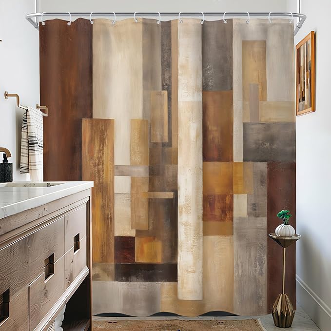 Extra Long Brown Abstract Wood Block Geometric Bathroom Shower Curtain Set | 72Wx84H Rust Farm design, waterproof HD print with fast-drying fabric and 12 hooks.