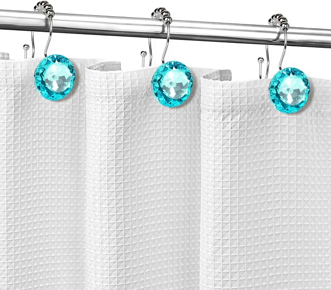 Sunlit Luxury Design Round Teal Blue Diamond Crystal Gem Bling with Glide Balls Double Shower Curtain Hooks for Mermaid Shower Curtains, Rust Proof Metal Rhinestones Glam Shower Curtain Rings-12 Pack