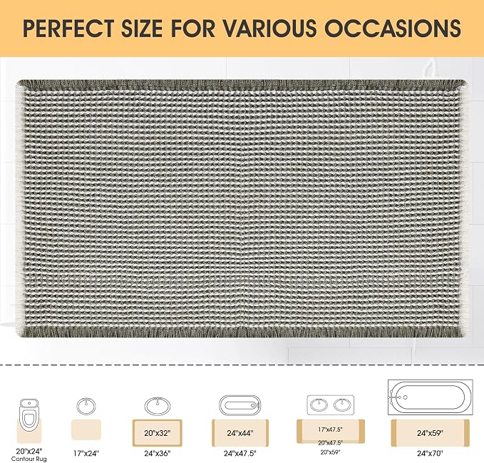 Waffle Bath Mat Green & Cream 32"x20", Boho Woven Modern Bath Mat Rugs, Absorbent Non Slip Bathroom Rugs, Soft Washable Bath Rugs with Tassels for Bedroom, Kitchen, Shower, Tub