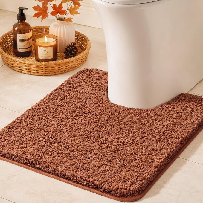 MIULEE Fall Burnt Orange Microfiber Toilet Bath Rug U-Shaped Contour 24x24 | Absorbent, Non Slip, Quick Dry, Fluffy Bath Rugs for Bathroom Floor Tub Showers, Machine Washable