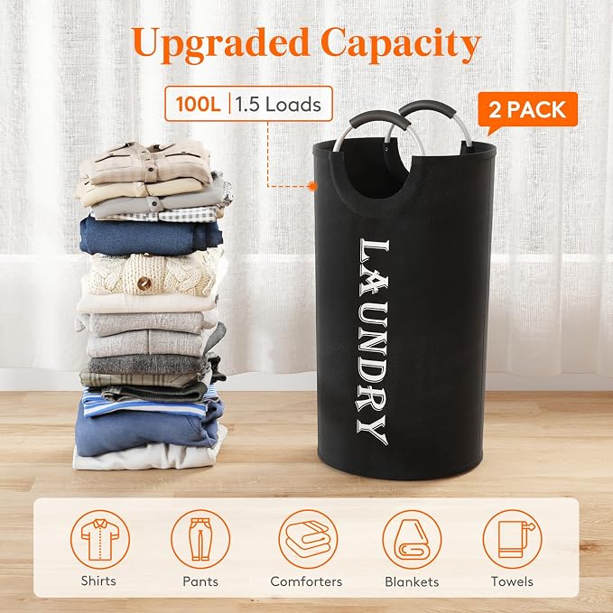 Lifewit 2 Pack 100L Laundry Basket with Aluminum Handles, Black | Collapsible Large Laundry Hamper, Waterproof Fabric, Freestanding Dirty Clothes Hampers for Dorm, RV, Bedroom, Laundry Room