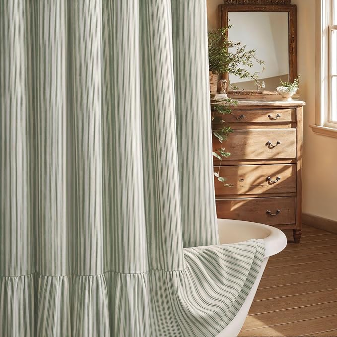 Farmhouse Shower Curtain Ruffle Linen Cream-Green Stripe 72"W x 78"L | Farmhouse Boho, Striped, Bottom Ruffle, Linen Fabric, Rustic, Country, Natural Look, Washable, for Bathroom Bathtub