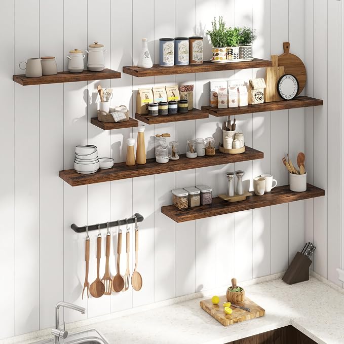 24 Inch Floating Shelves for Wall 2 Pack, 8"D Wood Grain Bathroom Shelves | Invisible Brackets, Rustic Brown Finish, Easy Install | Engineered Wood Storage Shelves for Kitchen, Living Room