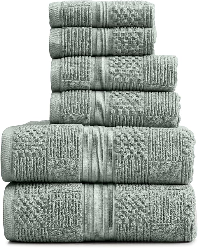 100% Cotton Bath Towel Set | 6-Piece Set | Eucalyptus | Luxury Geometric Design | Absorbent & Quick-Dry Bathroom Towels | Textured and Durable Cotton Towels for Bathroom | OEKO-TEX