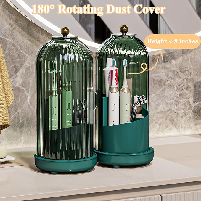 Drainable Toothbrush Toothpaste Holders with Cover, Green | Drainage Holes, Waterproof and Dustproof, 360° Rotating Base, Sliding Door, for Bathroom Counter