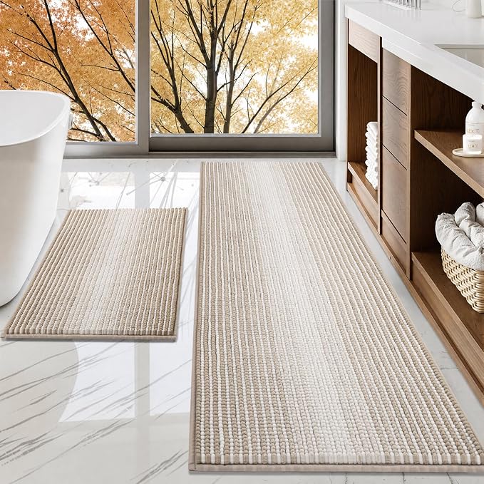 Bathroom Rugs and Mats Sets, 2 Piece Thick Absorbent Chenille Bath Mat Rug Set Non Slip, Soft Shaggy Bath Room Floor Mats for Bathroom, Machine Washable (Light Taupe, 24" x 70" Plus 20" x 32")