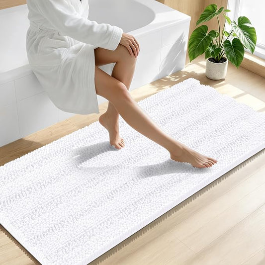 Smiry Thick Chenille Bathroom Runner Rugs 59x24, Absorbent Bath Mat, White | Quick‑Dry & Machine Washable, Non‑Slip Bath Carpet, Soft Striped Bath Rugs for Tub & Shower, Modern Home Decor Accessories
