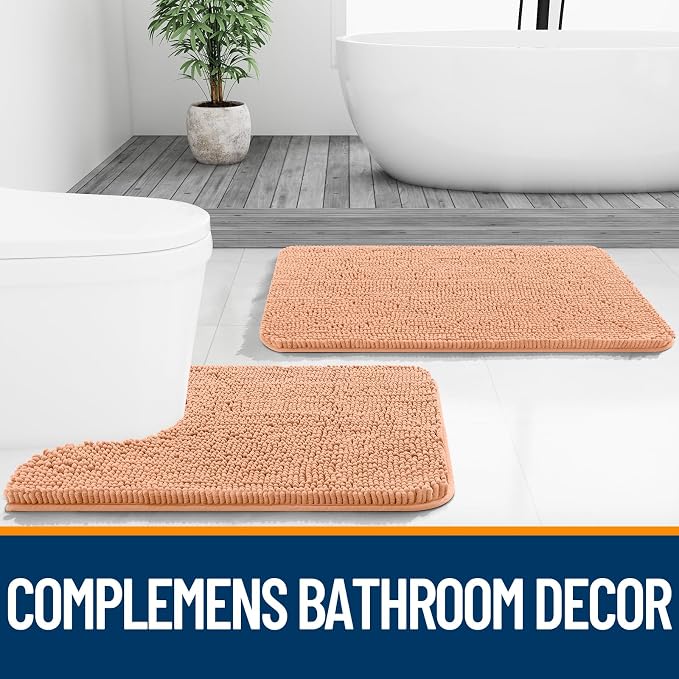 OLANLY Small Bathroom Rugs 24x16, Extra Soft Absorbent Chenille Bath Rugs | Peach, Quick-Drying Rubber Backing, Machine Washable Bath Mat for Bathroom Floor, Tub and Shower, Home Decor Accessories
