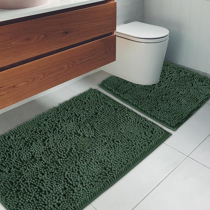 Bathroom Rugs Chenille Bath mat 2 Piece Set, Super Absorbent, Strong PVC Non Slip Backing, Bath mats for Bathroom, Plush Shaggy, Thick, Machine Washable, Bathtub, Toilet.(Bronze Green)