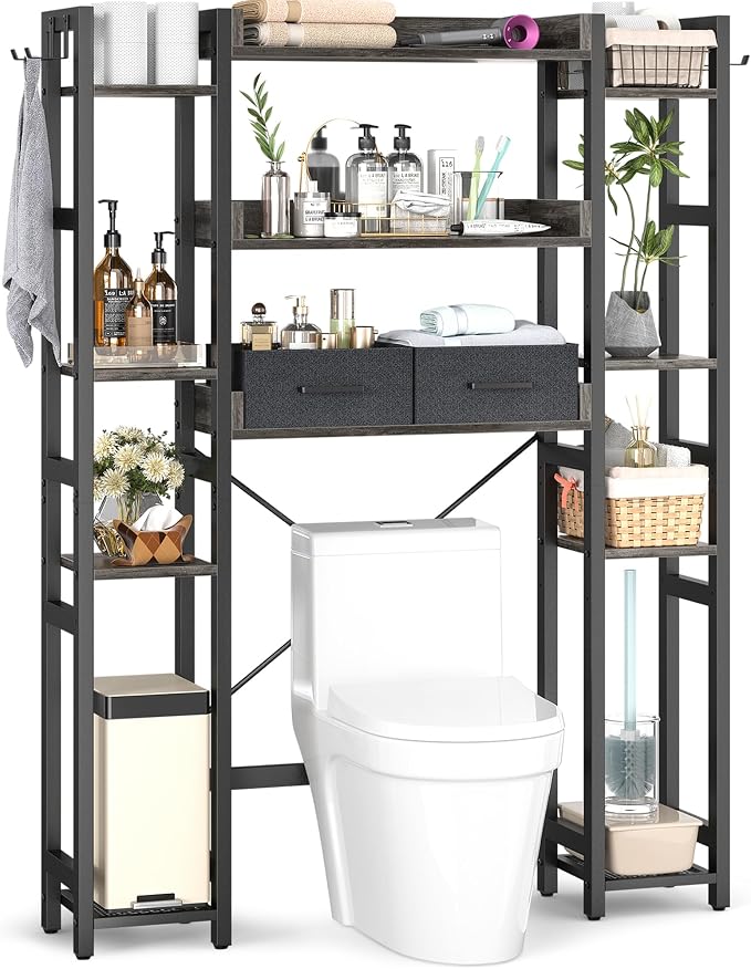 Besiost Over The Toilet Storage, 11 Tier Bathroom Organizer with Dual Side Racks and 2 Fabric Drawers, Adjustable Freestanding Rack Space Saver for Small Spaces, Grey Oak